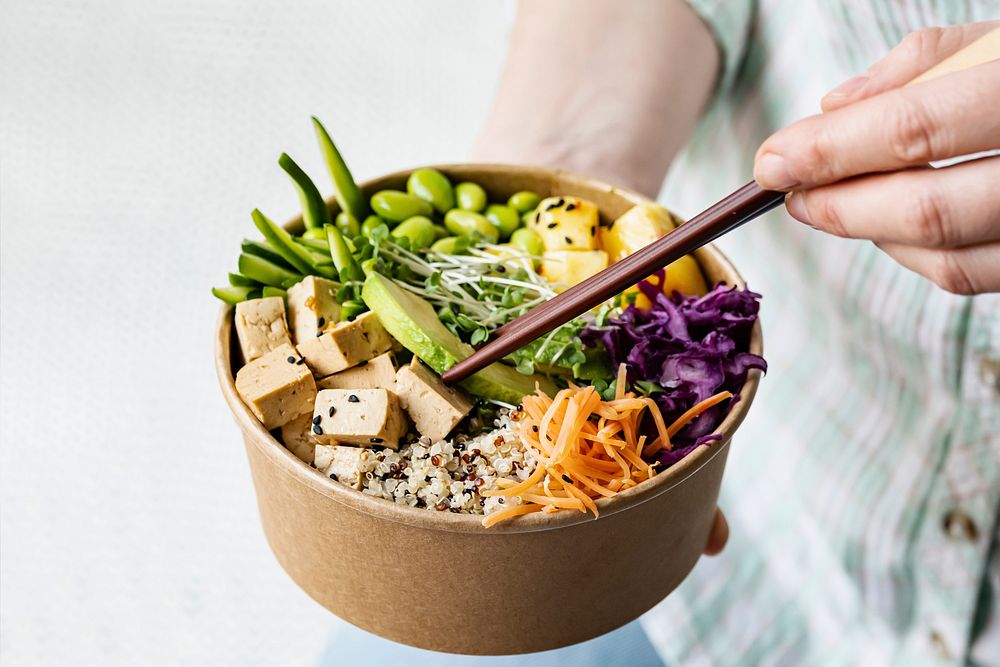 Takeaway vegan poke bowl photography