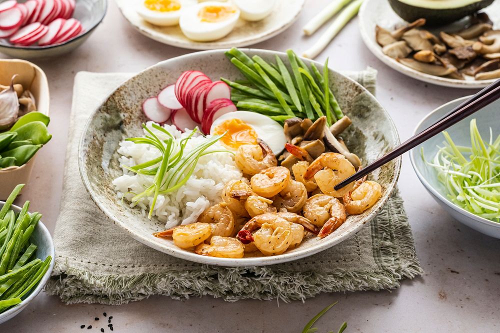 Egg and prawn seafood dishes photography