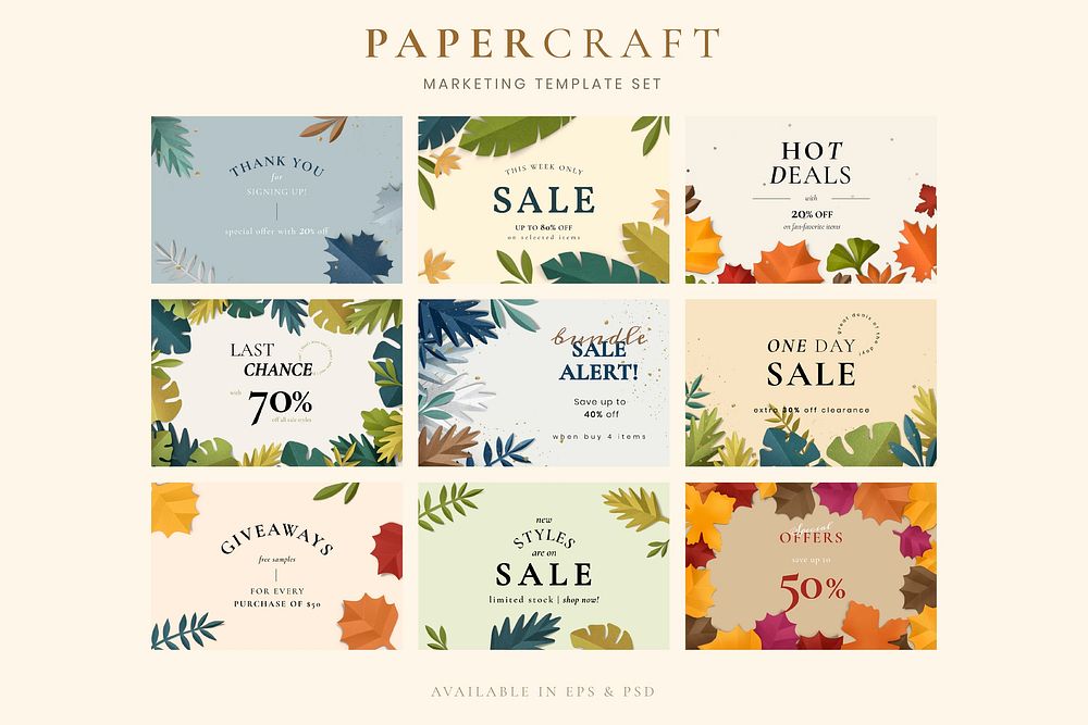 Paper craft leaf template vector set compatible with AI