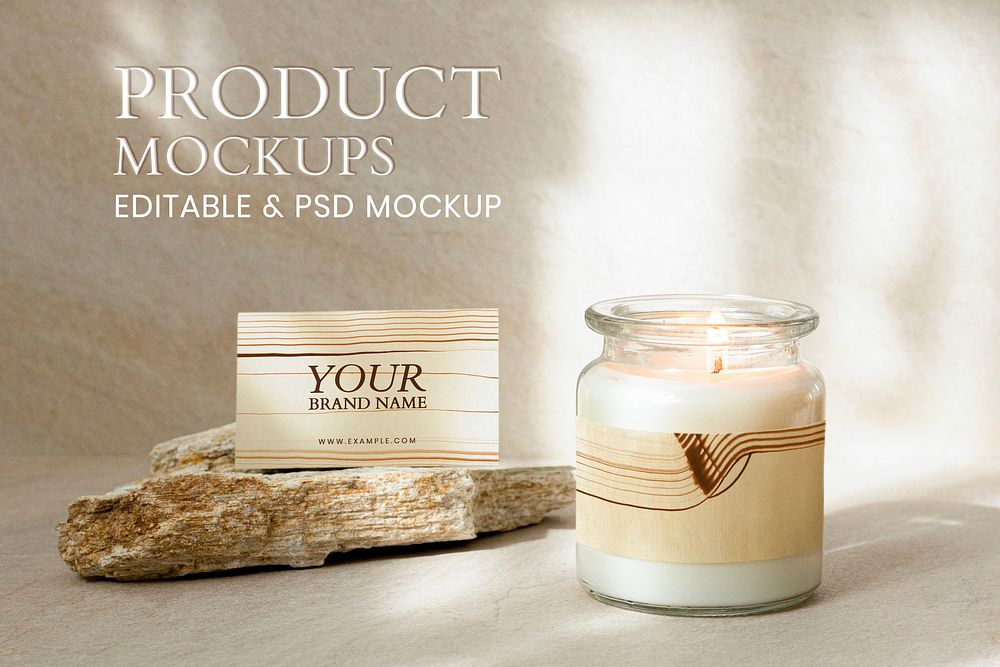 Minimal aromatic product mockup psd candle and business card 