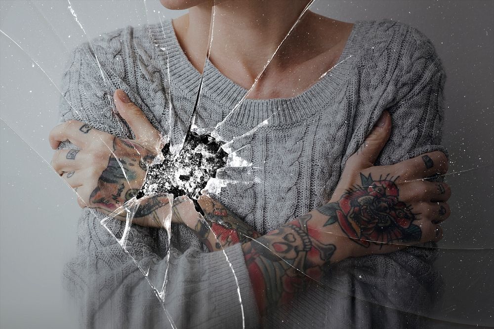 Broken glass effect psd background mockup with depressed woman