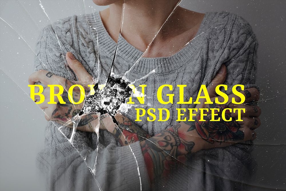Broken glass PSD effect mockup with depressed woman background