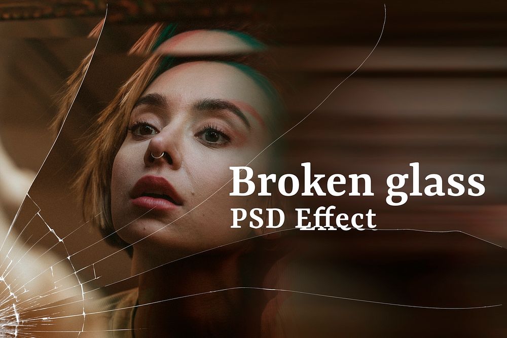 Broken glass PSD effect mockup with woman background