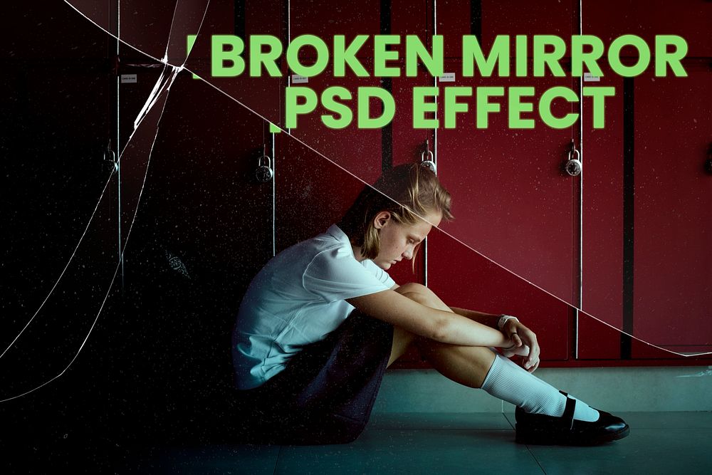 Broken mirror PSD effect mockup with depressed high school student behind background