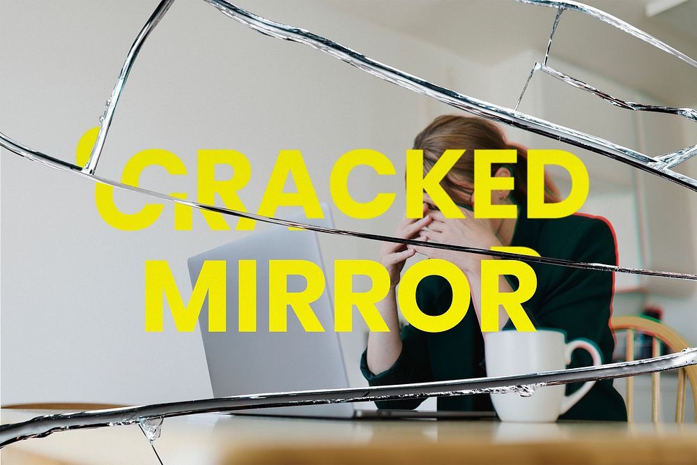 Cracked mirror PSD mockup effect with stressed woman background