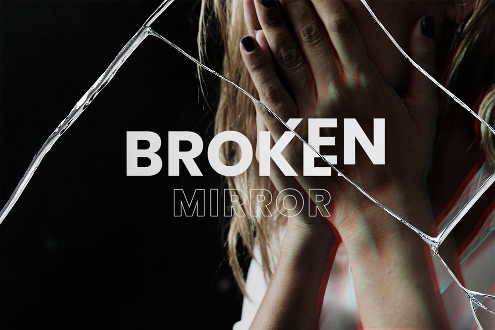 Broken mirror PSD effect mockup with depressed woman background