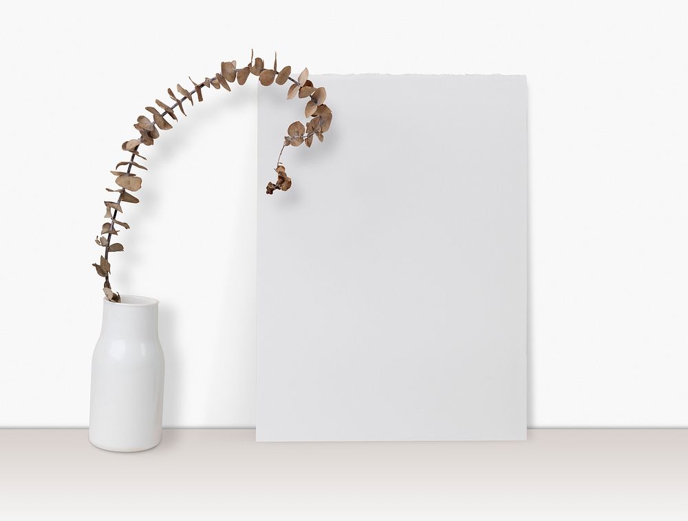 Paper leaning on wall with dried plant in vase