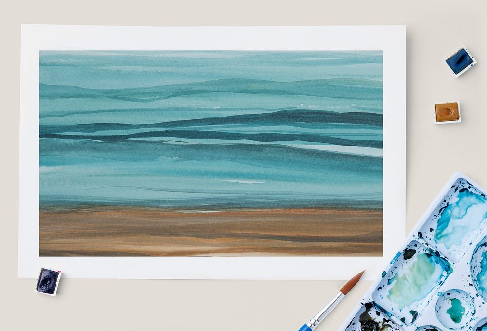 Ombre beach painting psd mockup in flat lay style