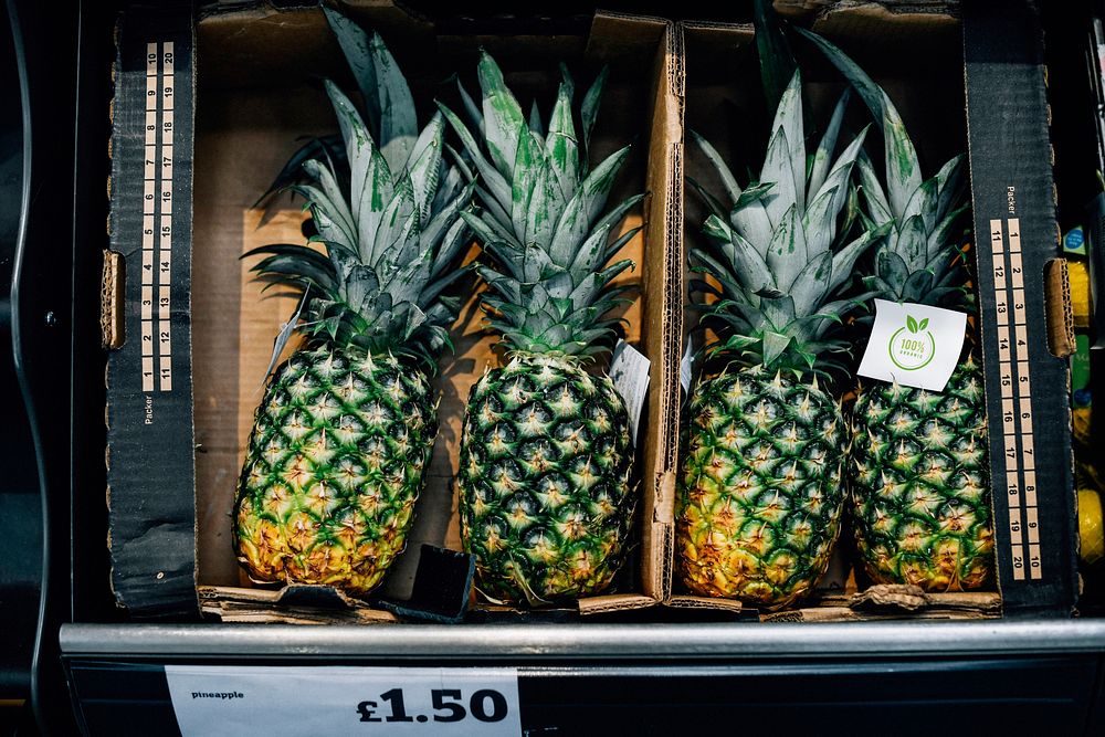 Fresh pineapples for sale in a supermarket