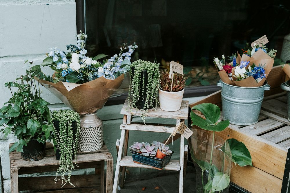 Bouquet of flowers and plants in a shop outdoors