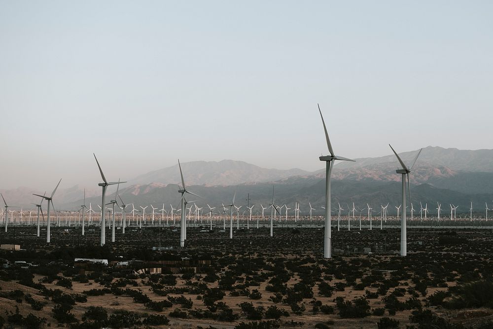 Wind turbine farm on a desert land