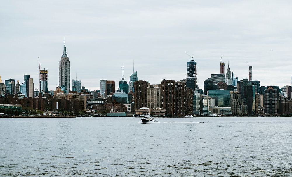 Ferry boat on the East River with a view of Manhattan, USA