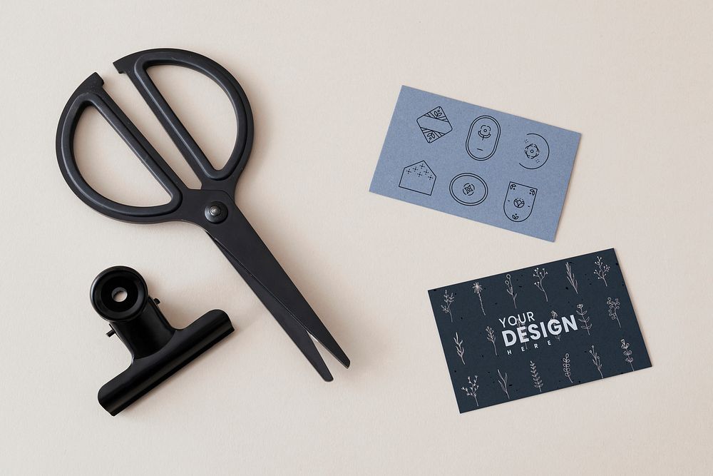 Blank design card and black scissors mockup