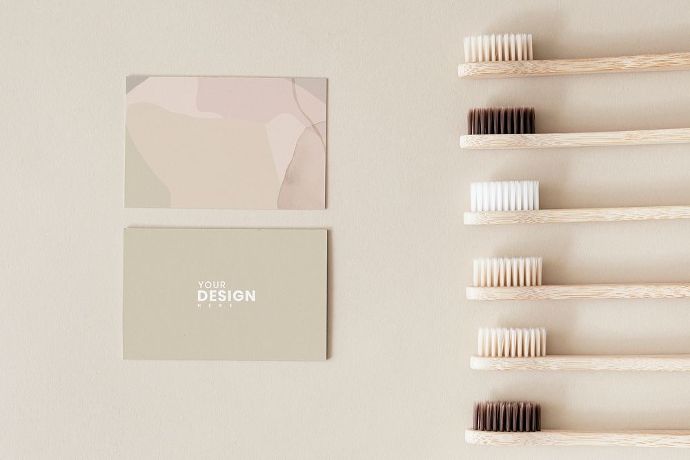 Bamboo toothbrushes and design card mockup