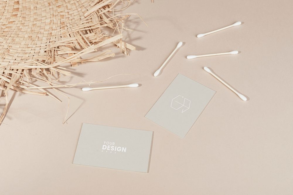 Business cards with cotton buds and woven mat mockup
