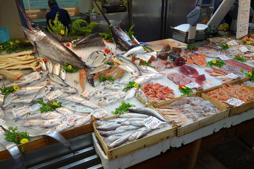 Fresh Seafood Arrangement Displayed In Market