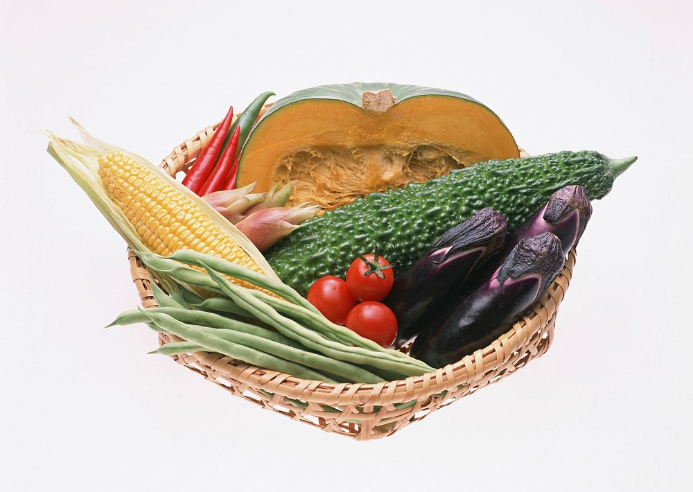 Indian Bitter Melons And Vegetables And Wicker Basket