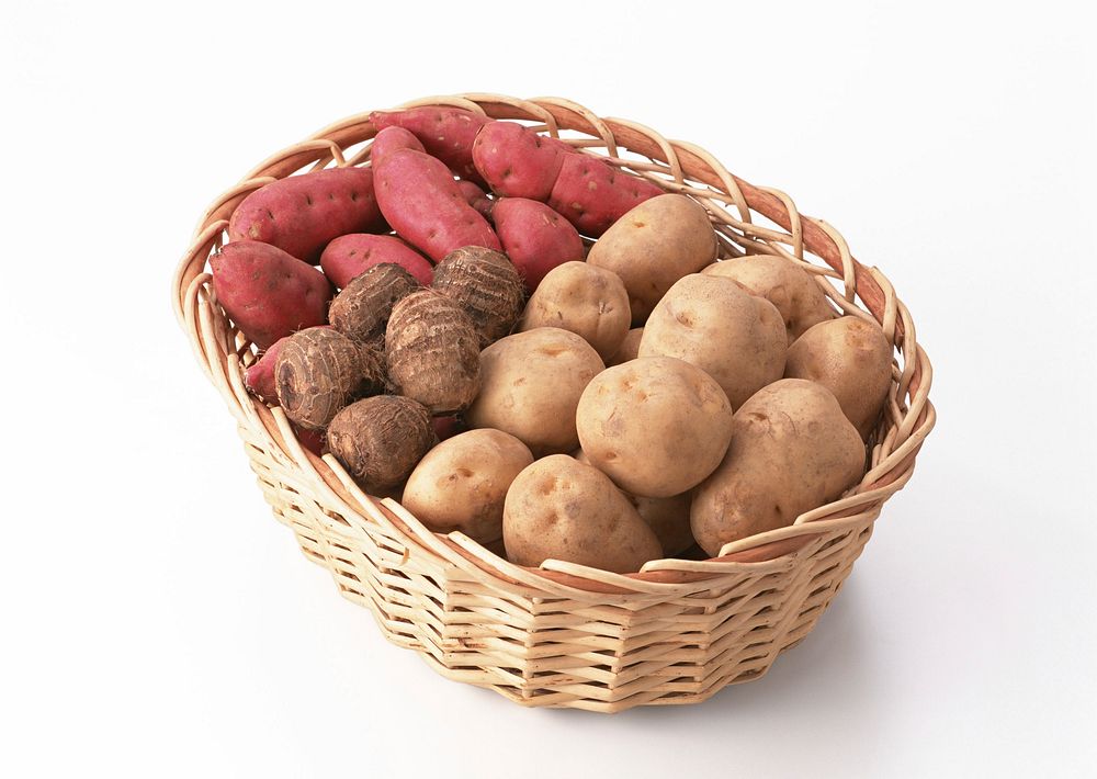 Free potatoes, sweet potato and taro In basket photo, public domain vegetables CC0 image.