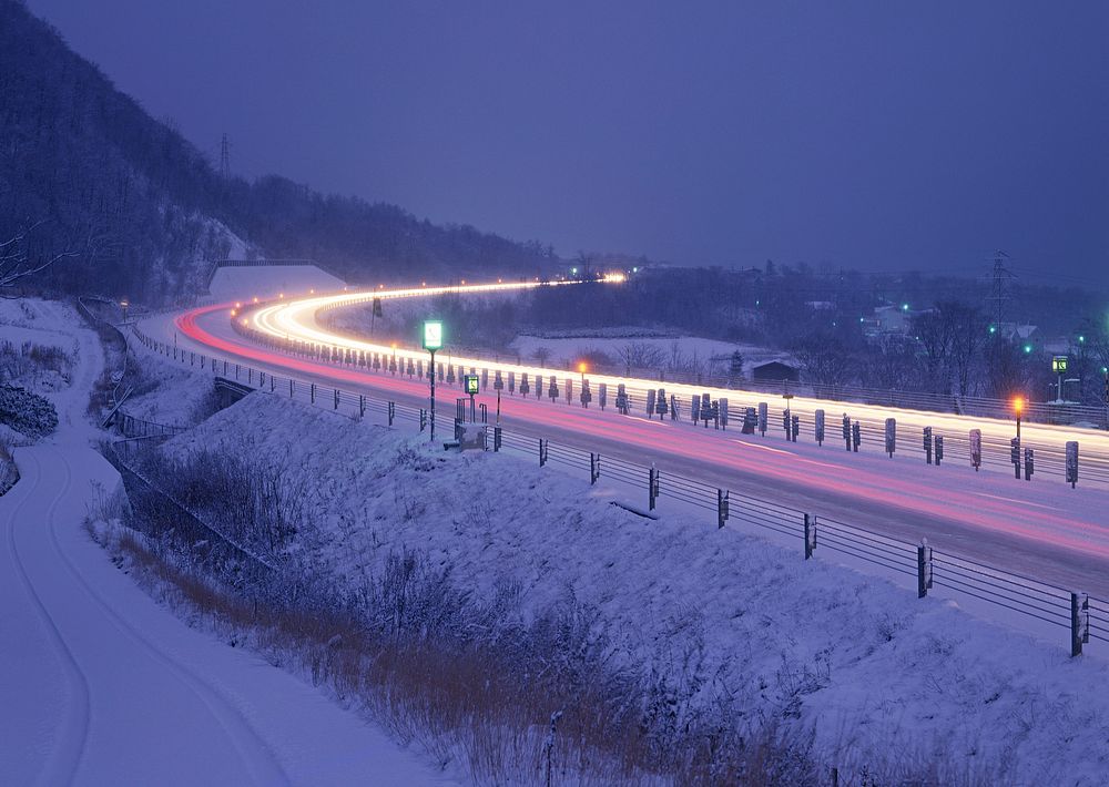 Free road in motion at night in winter image, public domain CC0 photo.