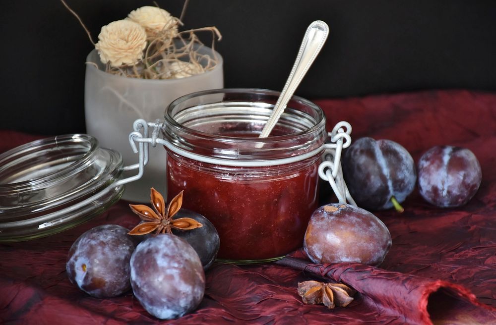 Free sweet plum jam in the jar image, public domain food CC0 photo.