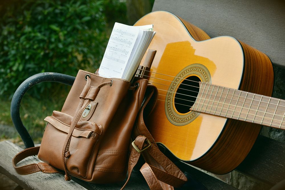 Free guitar on a bench image, public domain instrument CC0 photo.