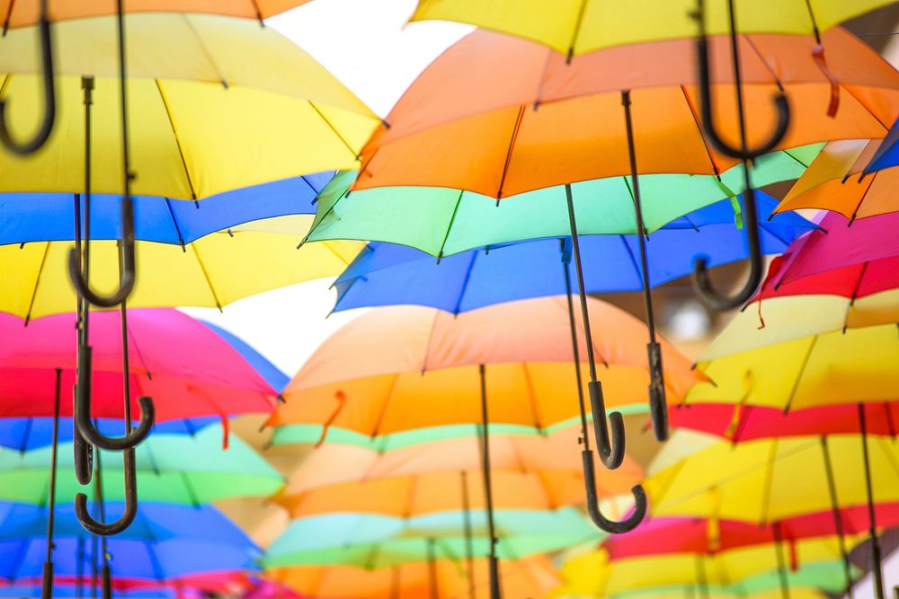 Free colorful umbrellas in sky image, public domain CC0 photo.