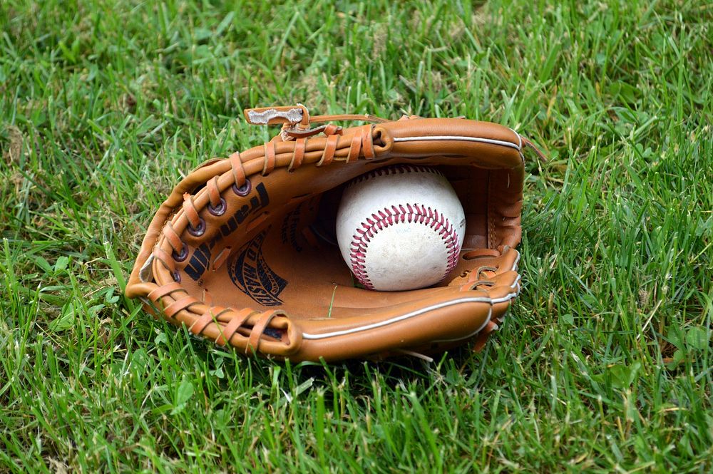 Free baseball in glove on grass closeup image, public domain sport CC0 photo.
