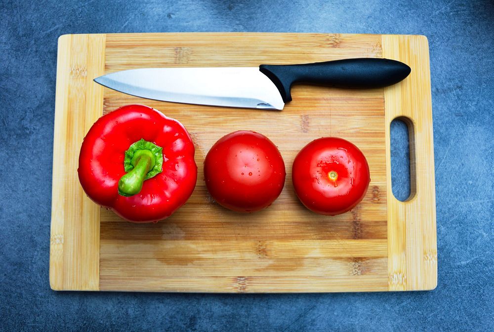 Free top view of red vegetables on cutting board image, public domain CC0 photo.