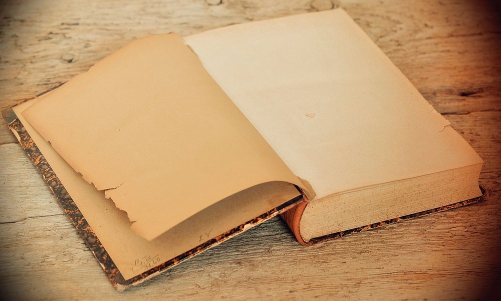 Free vintage blank open notebook on wooden table photo, public domain CC0 image.