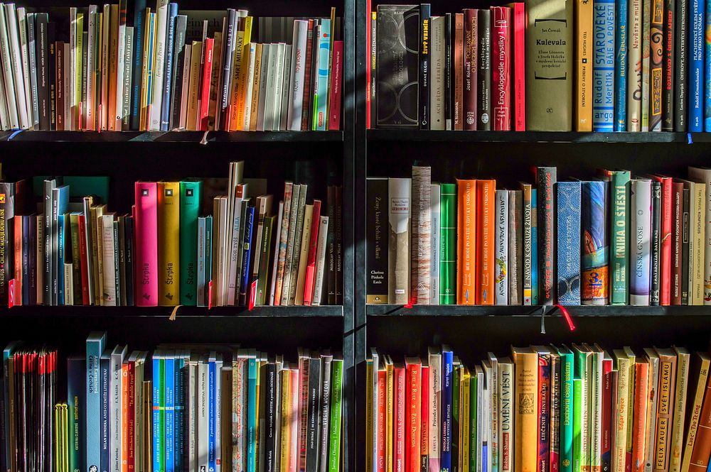 Free colorful books in shelves image, public domain CC0 photo.