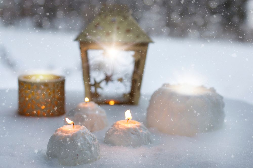 Free candles in snow image, public domain winter CC0 photo.