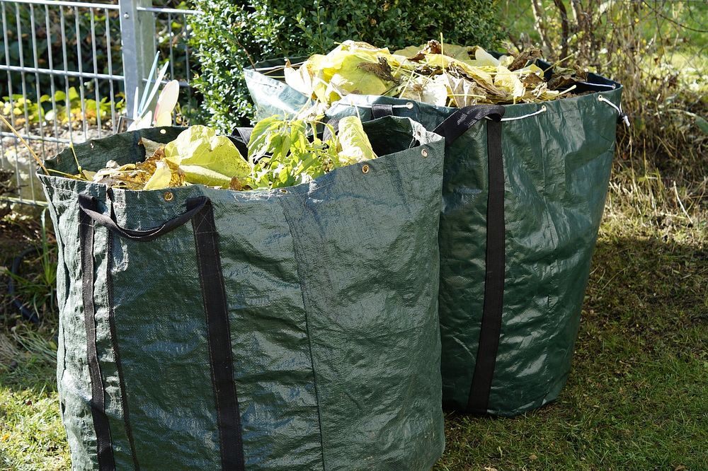 Free garbage bag with leaves photo, public domain trash CC0 image.