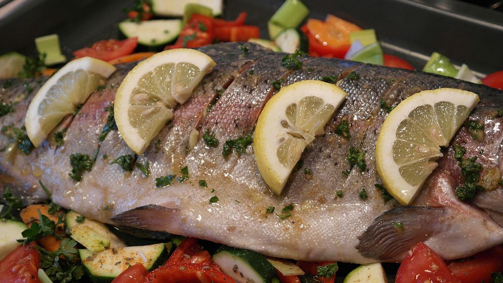 Free steamed fish with lemon and vegetable image, public domain food CC0 photo.