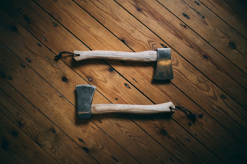 Free hammers on wood floor photo, public domain eqiupment CC0 image.