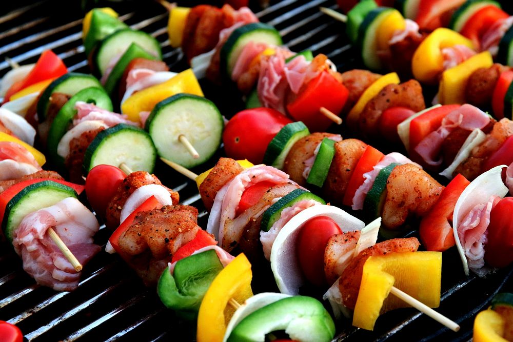 Free bbq, meat skewer, grill food photo, public domain food CC0 image.