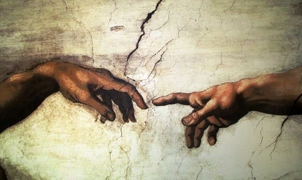 Free fingers reaching out mural painting image, public domain human CC0 photo.