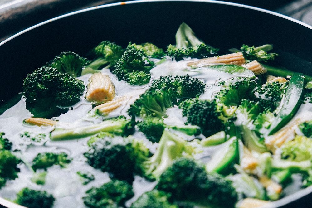 Free broccoli and baby corn in pan image, public domain vegetables CC0 photo.