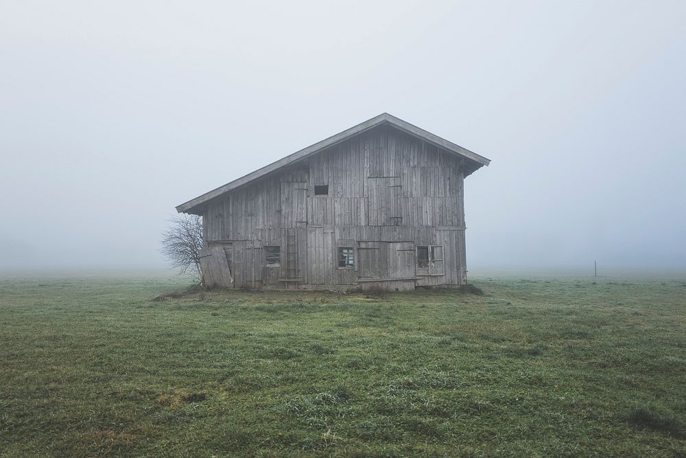 Free deserted wooden house, foggy photo, public domain building CC0 image.
