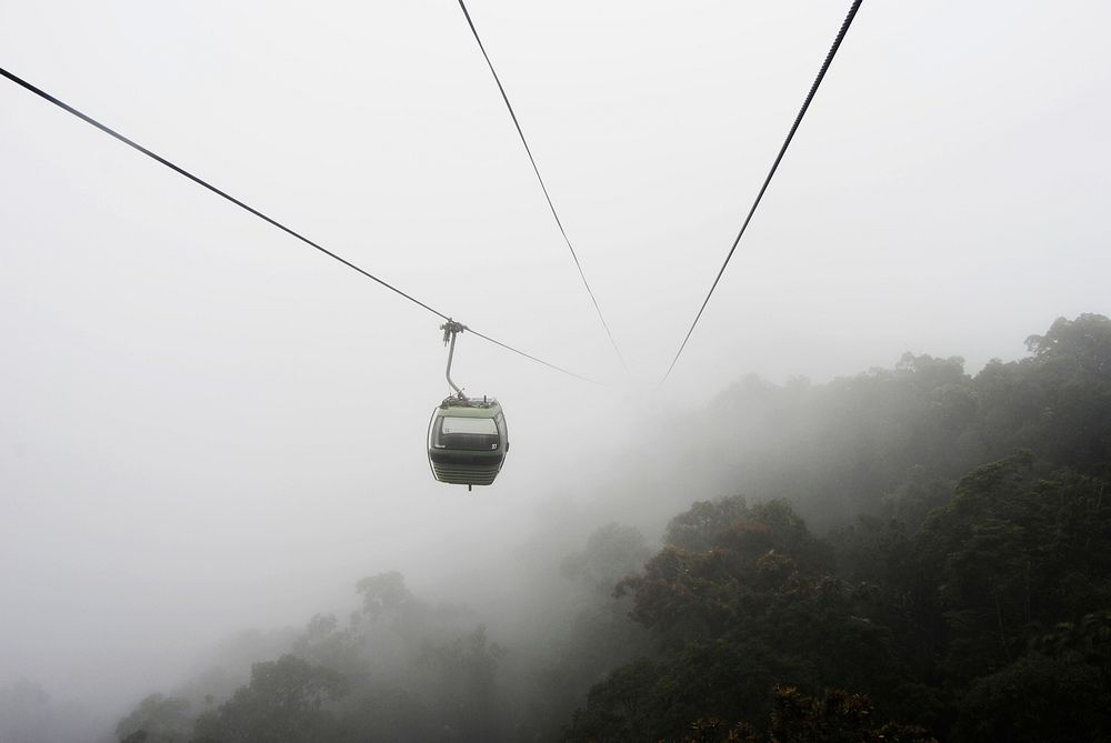 Cable car in misty foggy hazy weather black and white photo, free public domain CC0 photo.