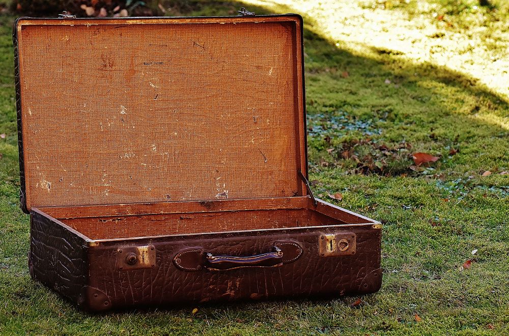 Free antique open suitcase on grass image, public domain CC0 photo.