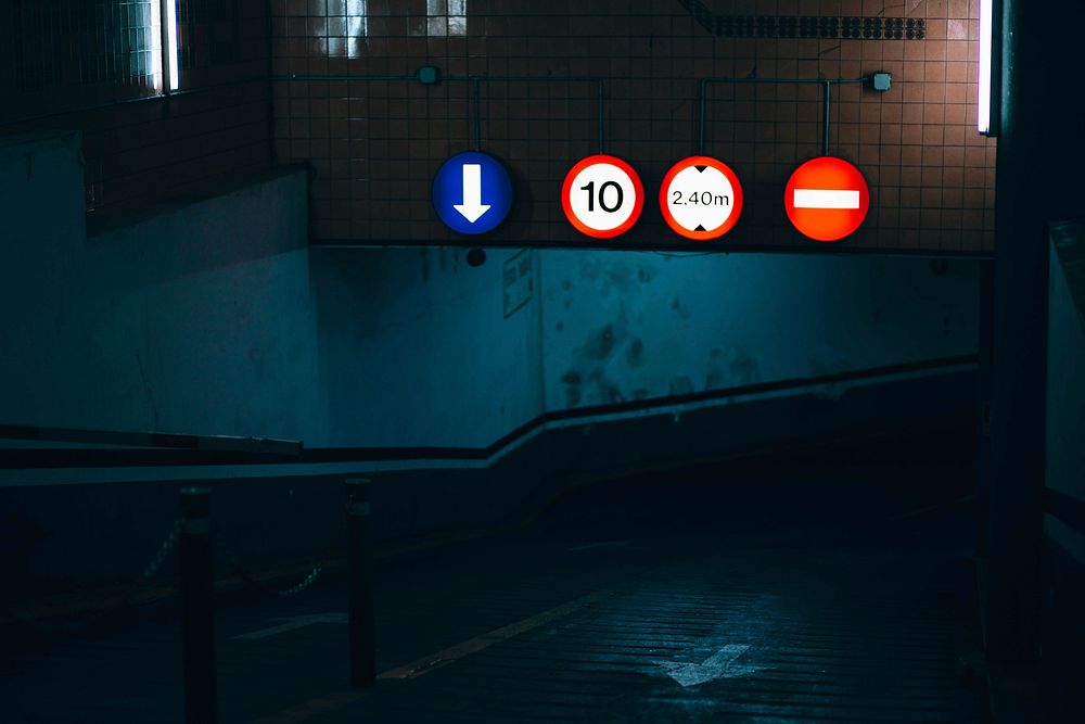 Free way to underground parking at night image, public domain CC0 photo.