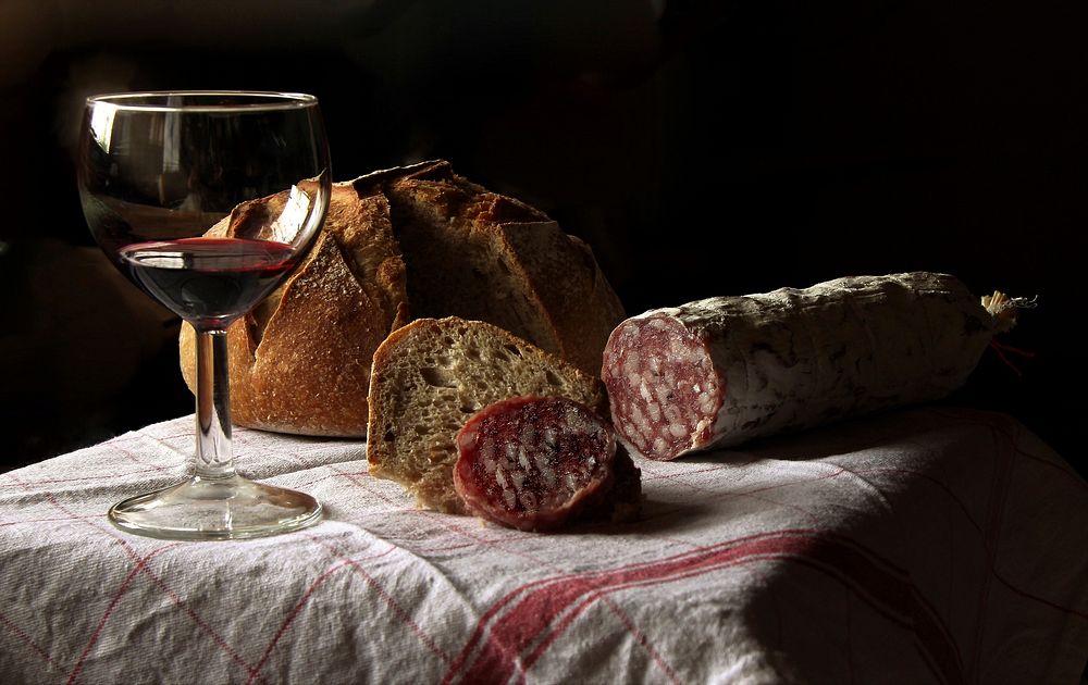 Free red wine, bread image, public domain food CC0 photo.