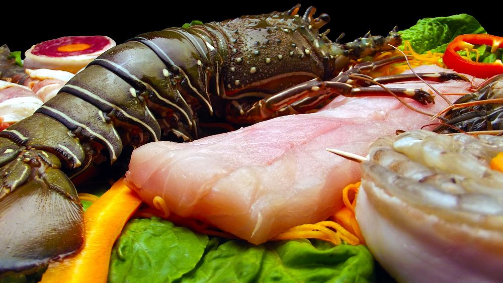 Free seafood with fish and lobster image, public domain restaurant CC0 photo.