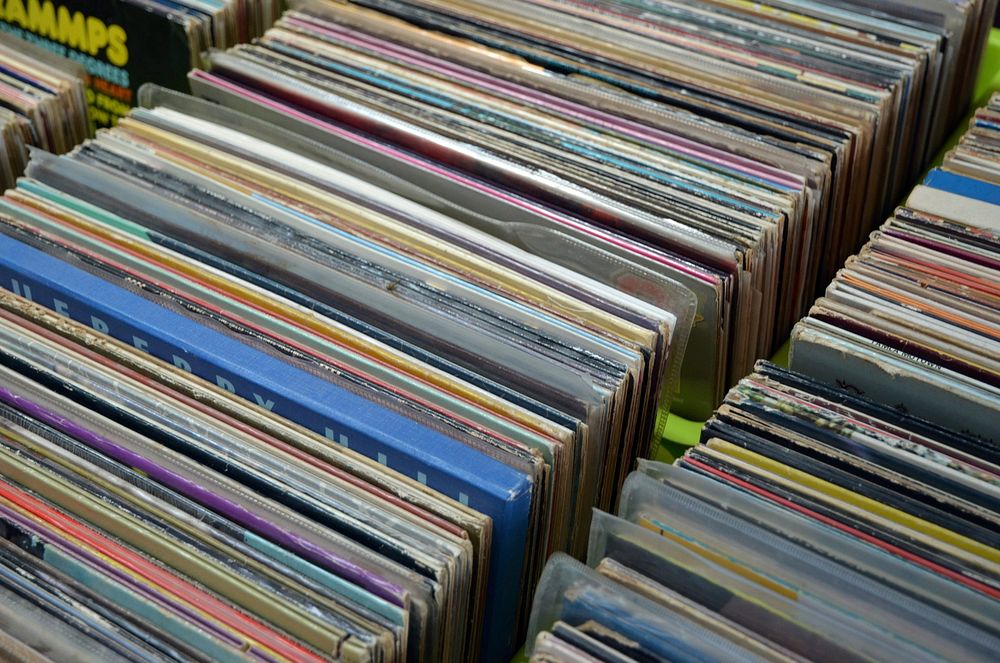 Free record collection in vinyl store closeup image, public domain CC0 photo.