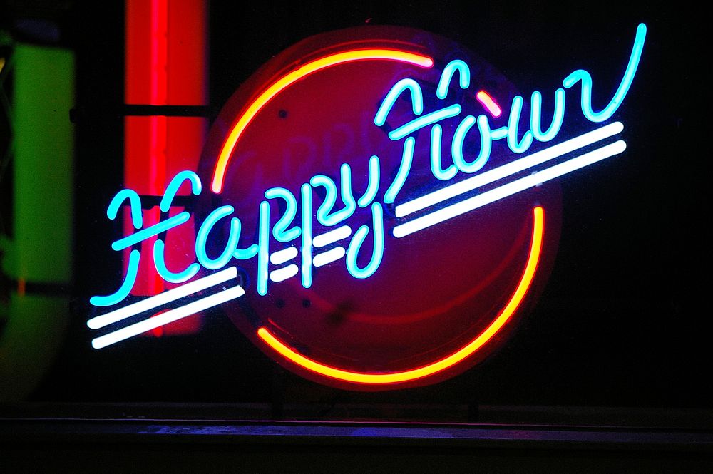 Free happy hour neon sign image, public domain CC0 photo.