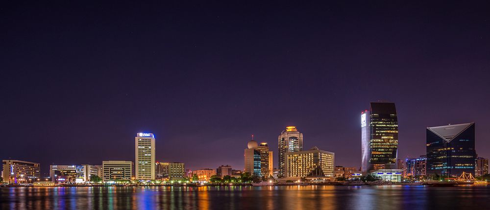 Panoramic urban city night view photo , free public domain CC0 image.