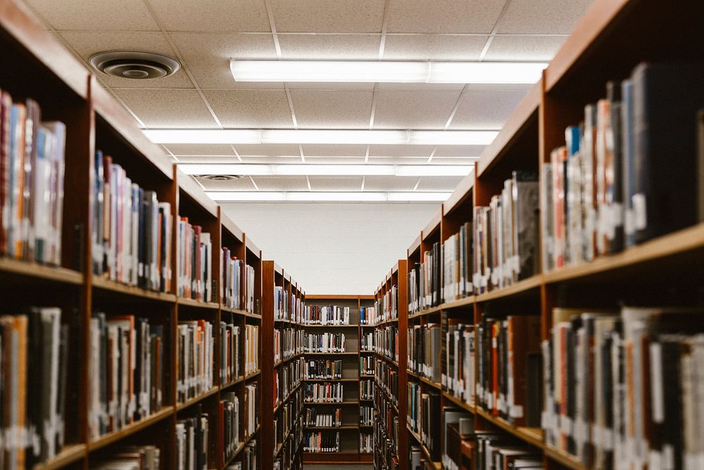 Free library shelves with many books photo, public domain CC0 image.
