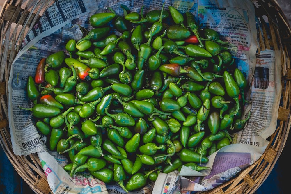 Free basket of green chilies image, public domain food CC0 photo.