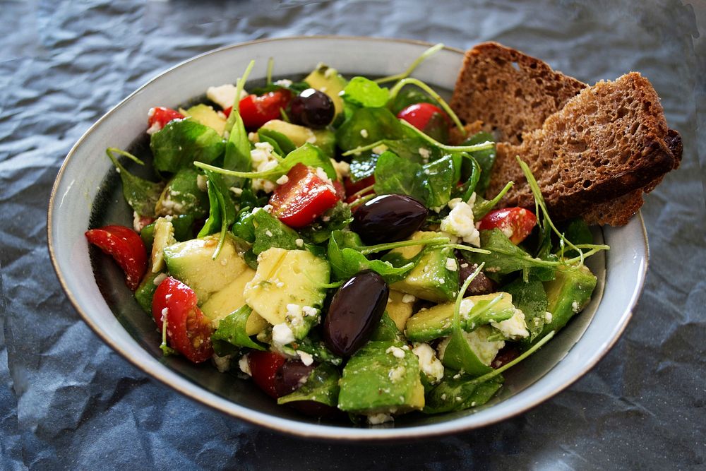 Free bowl of salad with toasted bread image, public domain food CC0 photo.