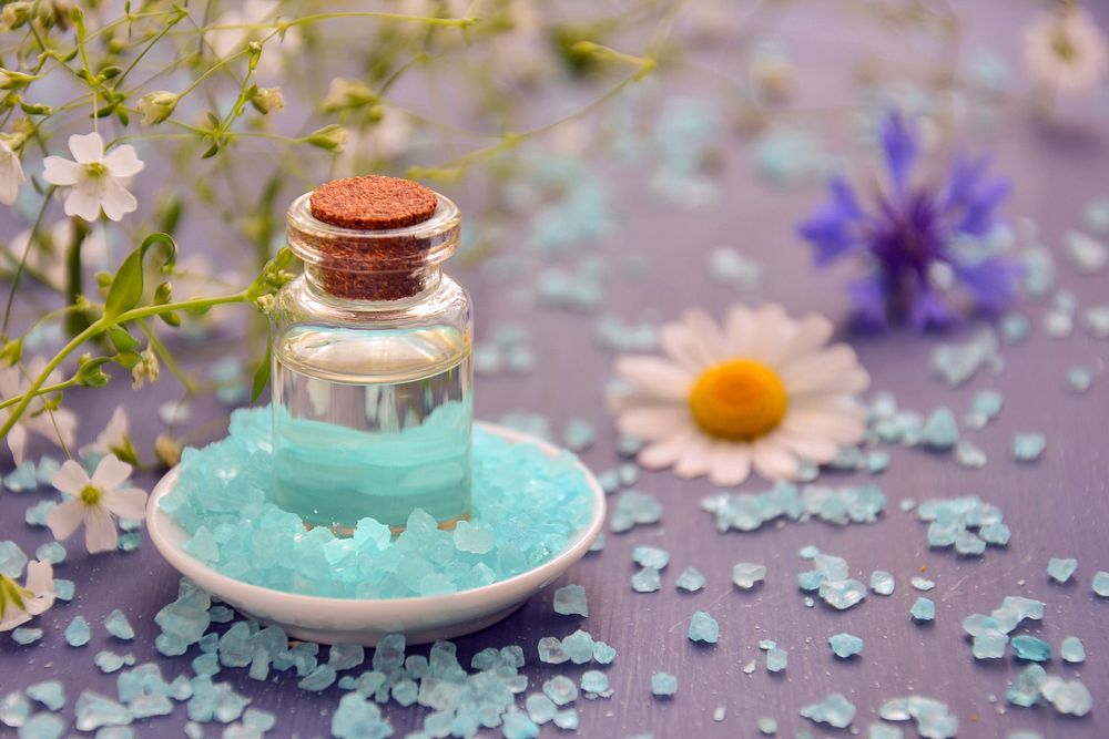 Free blue salt with flower background image, public domain spring CC0 photo.